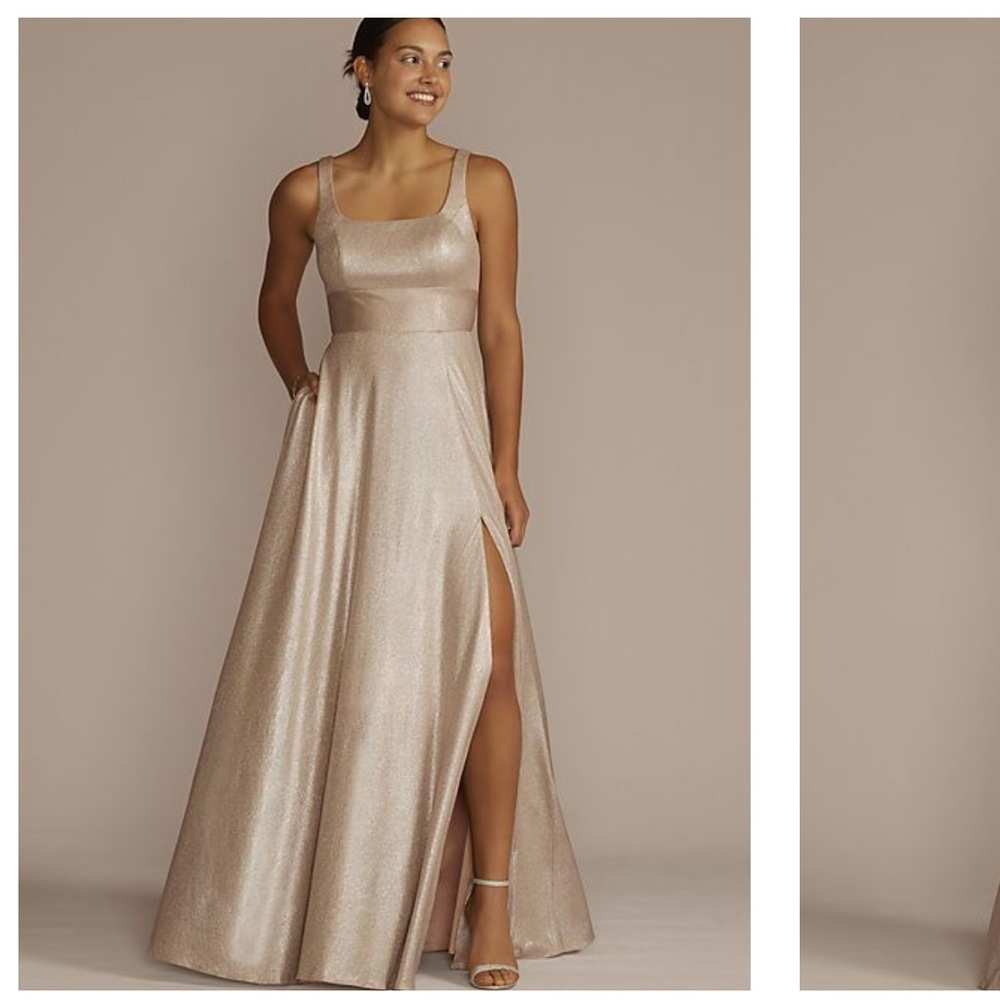 NWT -David’s Bridal JULES AND CLEO square neck stretch satin metallic tank dress